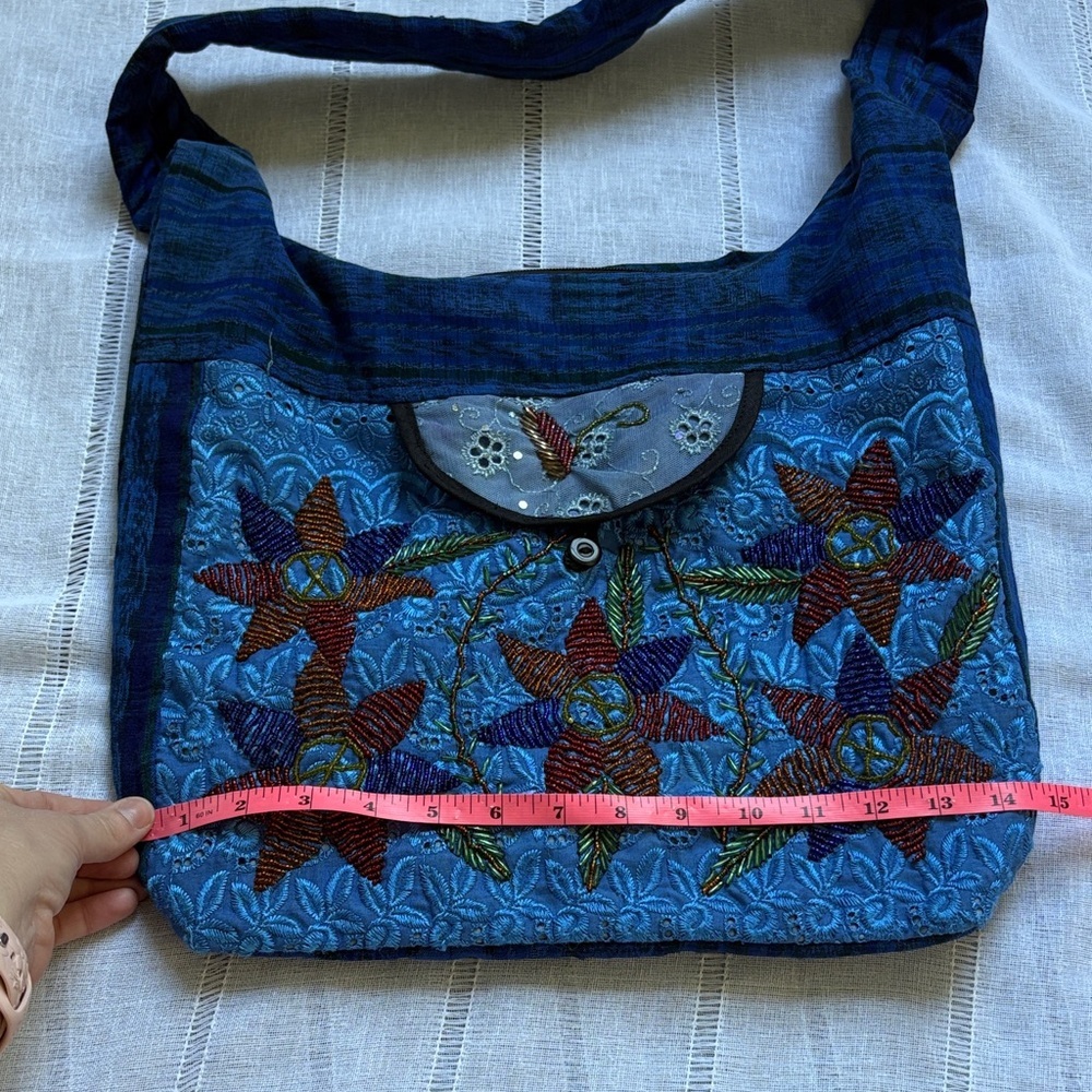 Handmade BoHo Blue Floral Shoulder Bag - Picture 12 of 13